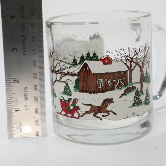 Vintage Libbey Winter Village Glass Coffee Christmas Mug Pine Trees Red Barn 90s - Picture 5 of 8